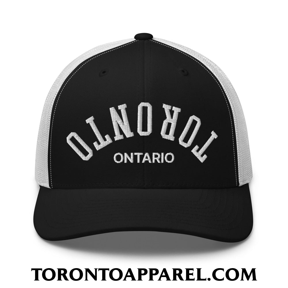 Upside Down Toronto Ontario Embroidered Mesh Trucker Hat - Black/ White - Toronto Apparel
