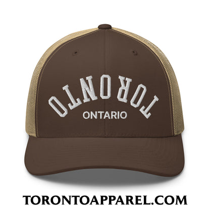 Upside Down Toronto Ontario Embroidered Mesh Trucker Hat - Brown/ Khaki - Toronto Apparel