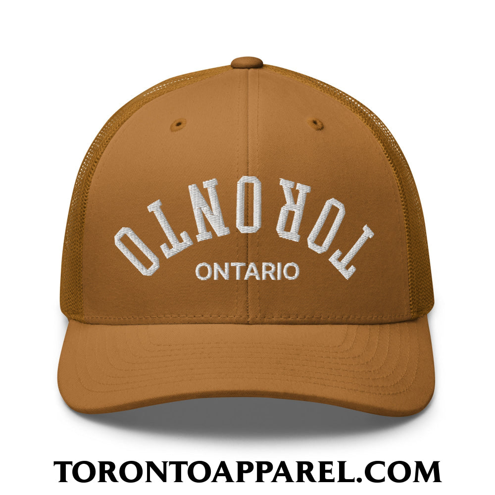 Upside Down Toronto Ontario Embroidered Mesh Trucker Hat - Caramel - Toronto Apparel