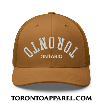 Upside Down Toronto Ontario Embroidered Mesh Trucker Hat - Caramel - Toronto Apparel