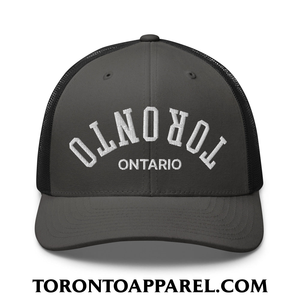 Upside Down Toronto Ontario Embroidered Mesh Trucker Hat - Charcoal/ Black - Toronto Apparel