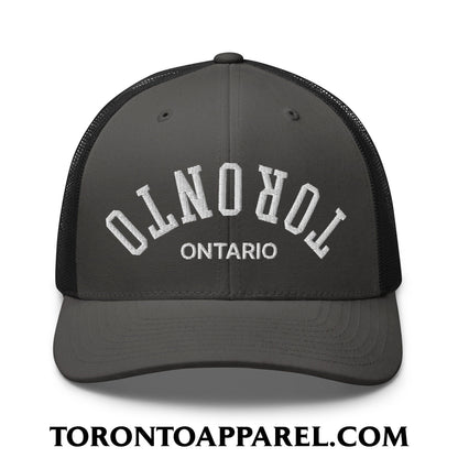 Upside Down Toronto Ontario Embroidered Mesh Trucker Hat - Charcoal/ Black - Toronto Apparel
