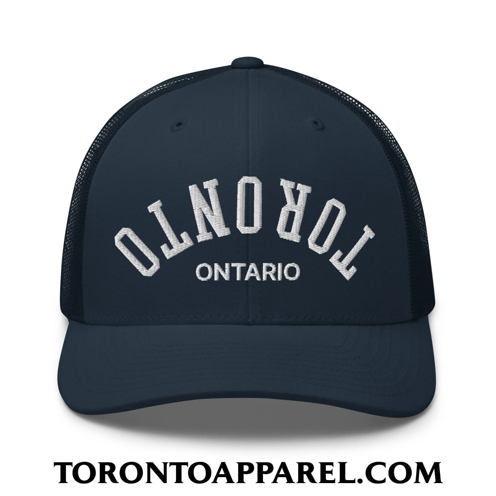 Upside Down Toronto Ontario Embroidered Mesh Trucker Hat - Navy - Toronto Apparel