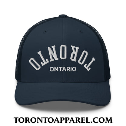 Upside Down Toronto Ontario Embroidered Mesh Trucker Hat - Navy - Toronto Apparel