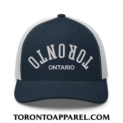 Upside Down Toronto Ontario Embroidered Mesh Trucker Hat - Navy/ White - Toronto Apparel