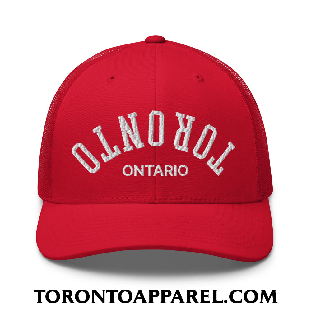 Upside Down Toronto Ontario Embroidered Mesh Trucker Hat - Red - Toronto Apparel