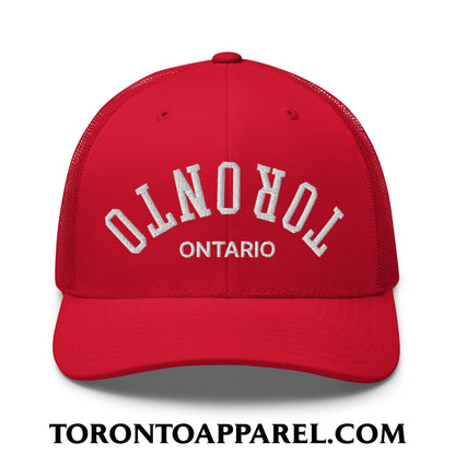 Upside Down Toronto Ontario Embroidered Mesh Trucker Hat - Red - Toronto Apparel