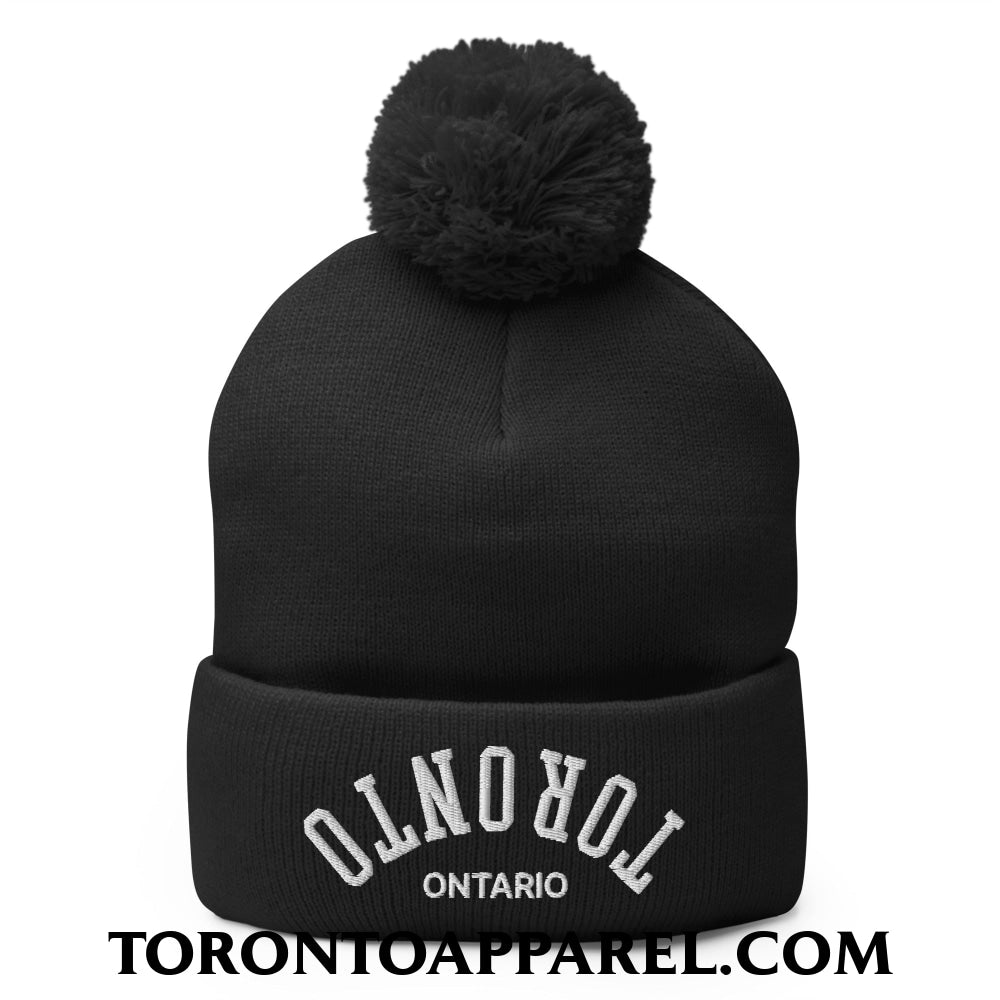 Upside Down Toronto Ontario Embroidered Pom Pom Knit Beanie - Black - Toronto Apparel