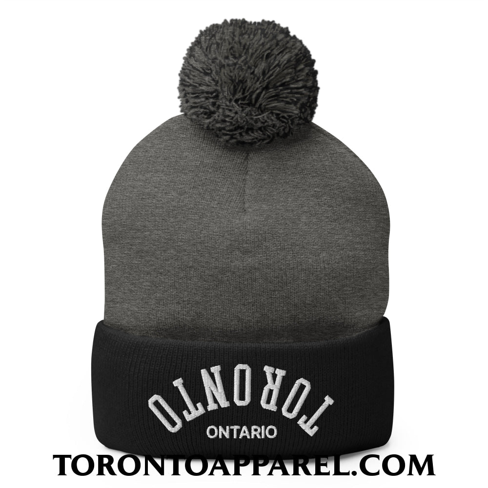 Upside Down Toronto Ontario Embroidered Pom Pom Knit Beanie - Dark Heather Grey/ Black - Toronto Apparel
