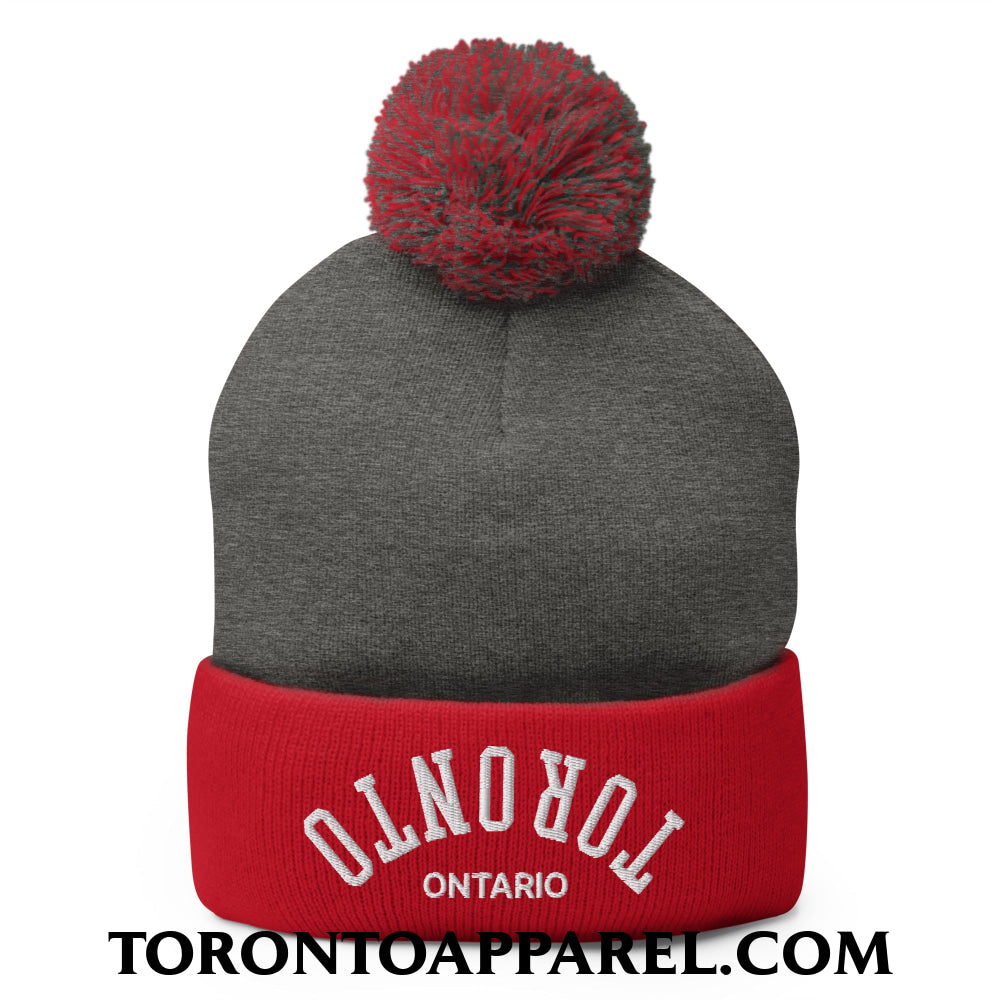 Upside Down Toronto Ontario Embroidered Pom Pom Knit Beanie - Dark Heather Grey/ Red - Toronto Apparel