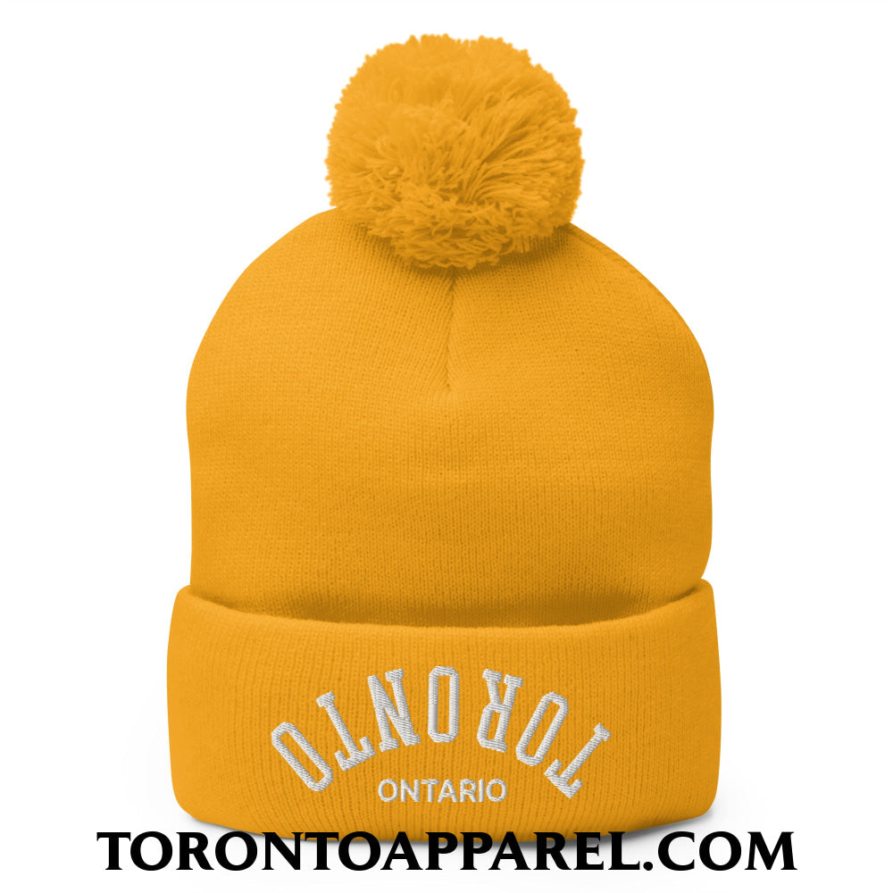 Upside Down Toronto Ontario Embroidered Pom Pom Knit Beanie - Gold - Toronto Apparel