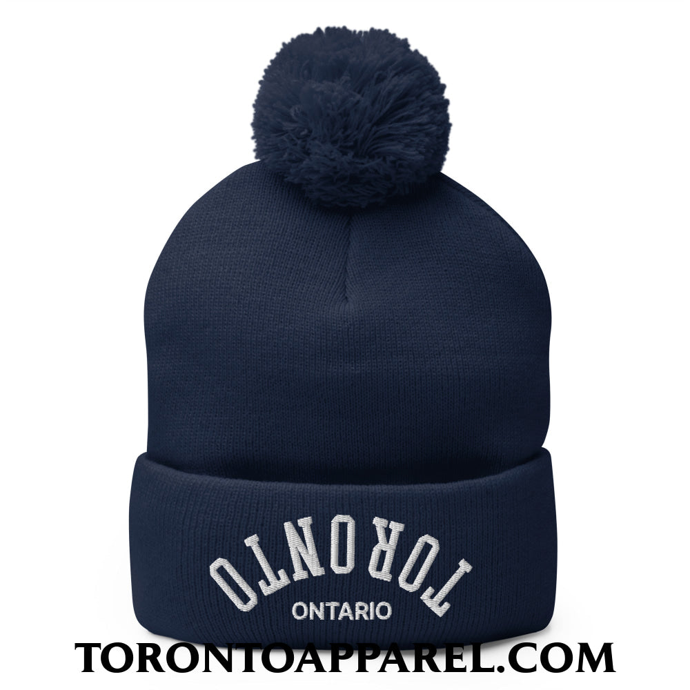 Upside Down Toronto Ontario Embroidered Pom Pom Knit Beanie - Navy - Toronto Apparel